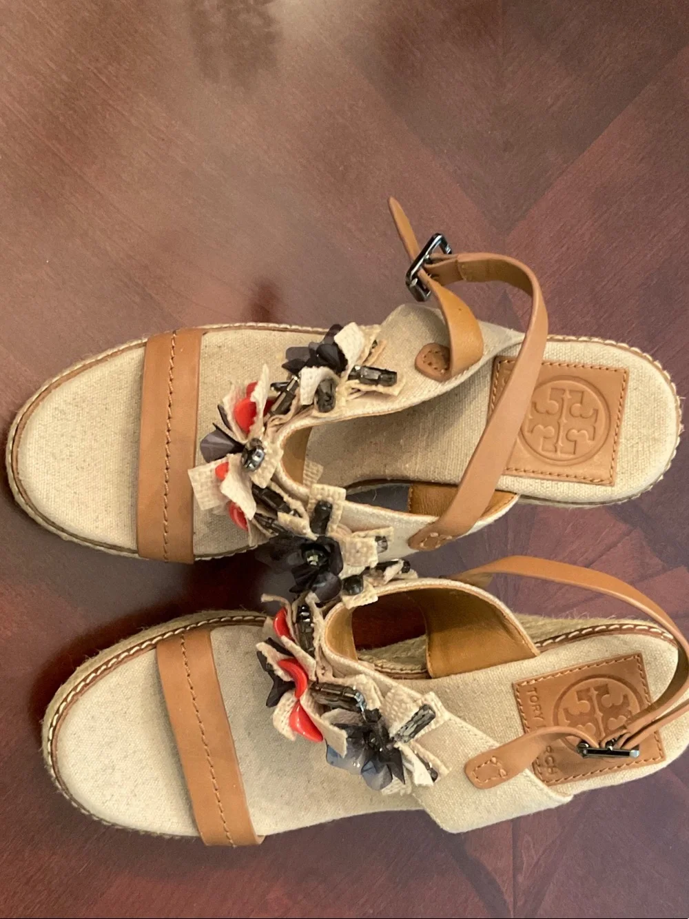 Tory Burch Tan Espadrille Wedges with Multicolor Floral Appliqué